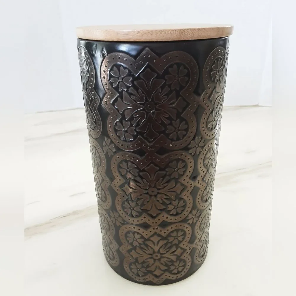 AMERICAN ATELIER Stoneware Enamel Floral Geometric Embossed Bamboo Lid Cantier